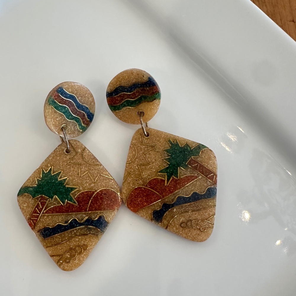 Vintage Statement Drop Earrings | Geometric Art Deco Southwest Style | Tropical